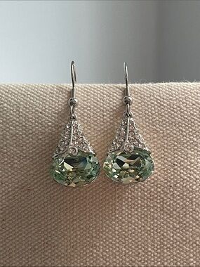 Silver-Tone Green Crystal tear Drop Earrings